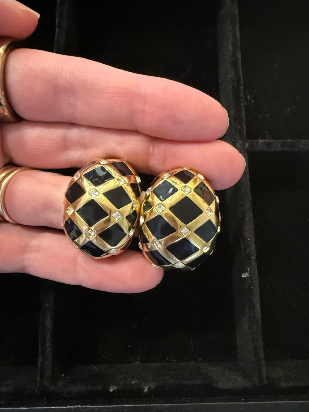 Vintage St. John Black Enamel & Crystal Clip-On Earrings